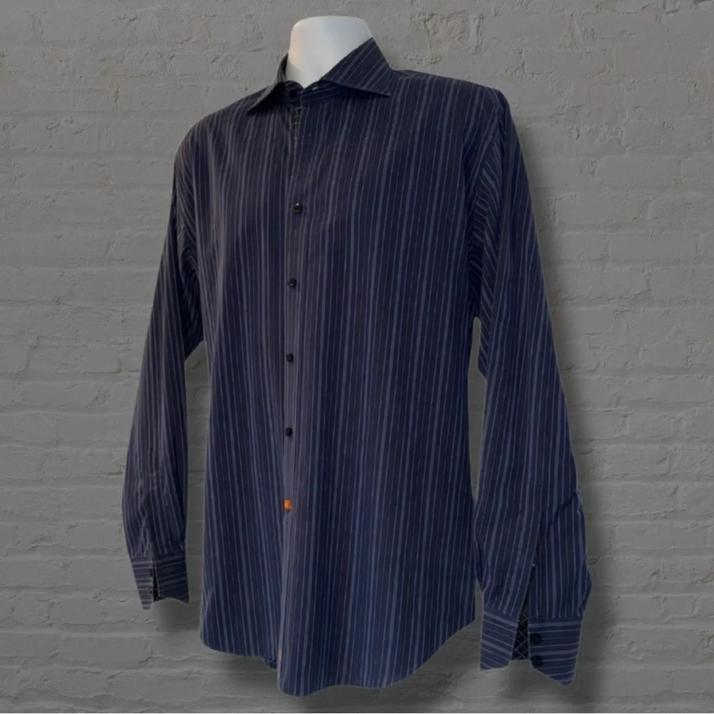Thomas Dean Men’s Button-Down Shirt L • Navy Multi Stripe • Contrast Cuffs - Picture 5 of 13